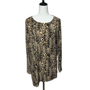 Chicos Asymmetrical Hem Animal Print Top Large 2 Brown Black Button Accents